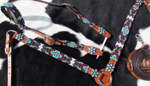 14025: Showman ® Turquoise and Burgundy Beaded Aztec Headstall and Breastcollar Set Headstall & Breast Collar Set Showman   