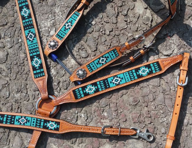 14029: Showman® Argentina Cow Leather Headstall and breast collar set with turquoise aztec beaded Headstall & Breast Collar Set Showman   