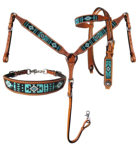 14029: Showman® Argentina Cow Leather Headstall and breast collar set with turquoise aztec beaded Headstall & Breast Collar Set Showman   
