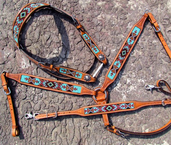 14031: Showman® Argentina Cow Leather Headstall and breast collar set with aztec beaded inlay Headstall & Breast Collar Set Showman   
