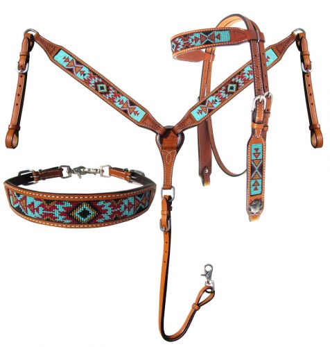 14031: Showman® Argentina Cow Leather Headstall and breast collar set with aztec beaded inlay Headstall & Breast Collar Set Showman   