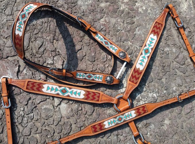 14032: Showman® Argentina Cow Leather 3 Piece Headstall and breast collar set with navajo beaded i Headstall & Breast Collar Set Showman   