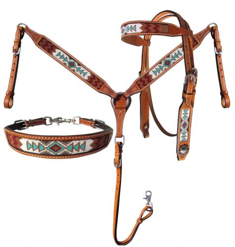 14032: Showman® Argentina Cow Leather 3 Piece Headstall and breast collar set with navajo beaded i Headstall & Breast Collar Set Showman   