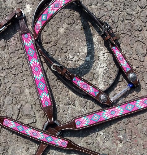 14035: Showman® Argentina Cow Leather 3 Piece Headstall and breast collar set with navajo beaded i Headstall & Breast Collar Set Showman   