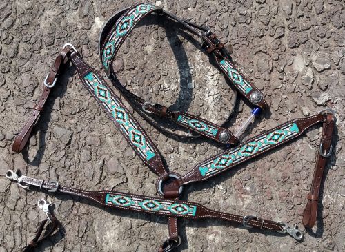 14036: Showman® Argentina Cow Leather 3 Piece Headstall and breast collar set with navajo beaded i Headstall & Breast Collar Set Showman   