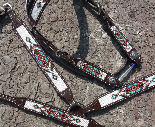 14037: Showman® Argentina Cow Leather 3 Piece Headstall and breast collar set with navajo beaded i Headstall & Breast Collar Set Showman   