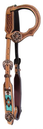 14067: Showman ® Argentina cow leather single ear headstall with beaded inlay Headstall Showman   