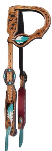 14071: Showman ® Argentina cow leather single ear headstall with hand painted feather design Headstall Showman   
