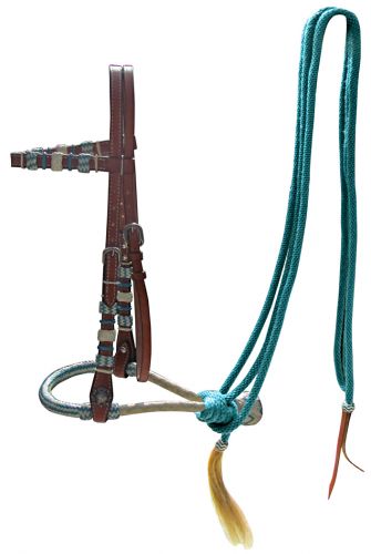 14092: Showman ® leather bosal headstall with teal rawhide braided bosal and teal nylon mecate rei Headstall Showman   