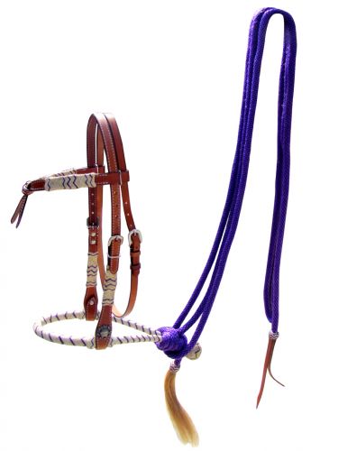14093: Showman ® leather futurity knot headstall with purple rawhide braided bosal and purple nylo Headstall Showman   