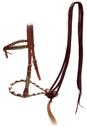 14099: Showman ® leather futurity knot headstall with brown rawhide braided bosal and brown nylon Headstall Showman   