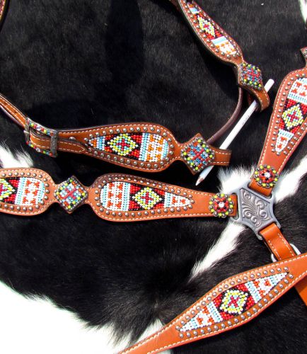 14117: Showman ®  Multi Colored beaded browband headstall and breast collar 4 piece set Headstall & Breast Collar Set Showman   