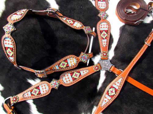 14117: Showman ®  Multi Colored beaded browband headstall and breast collar 4 piece set Headstall & Breast Collar Set Showman   