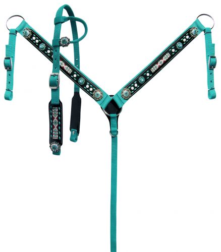 14165: Showman ® Horse size Teal nylon headstall and breast collar set with beaded inlay Headstall & Breast Collar Set Showman   