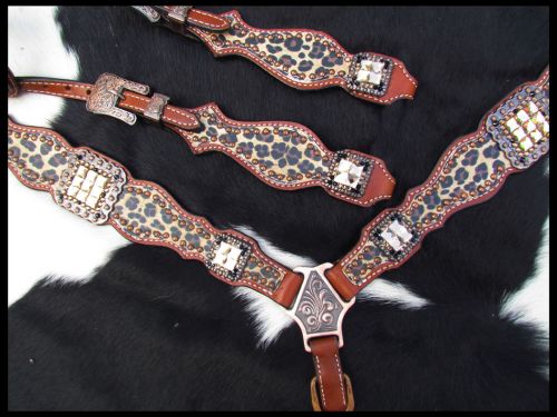14187: Showman ® Cheetah print one ear headstall and breast collar set Headstall & Breast Collar Set Showman   