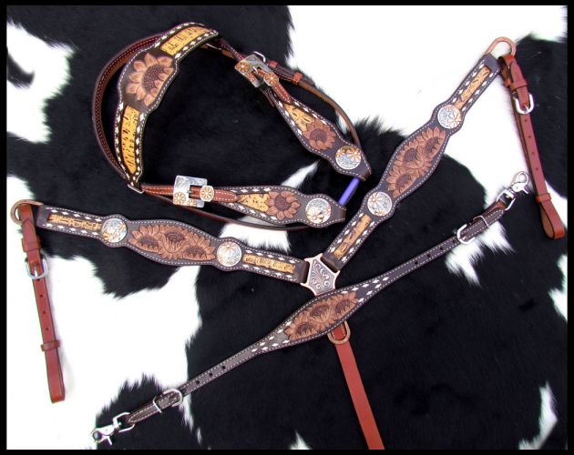 14203: Showman ® Sunflower Tooled Leather Browband headstall and breastcollar set Headstall & Breast Collar Set Showman   