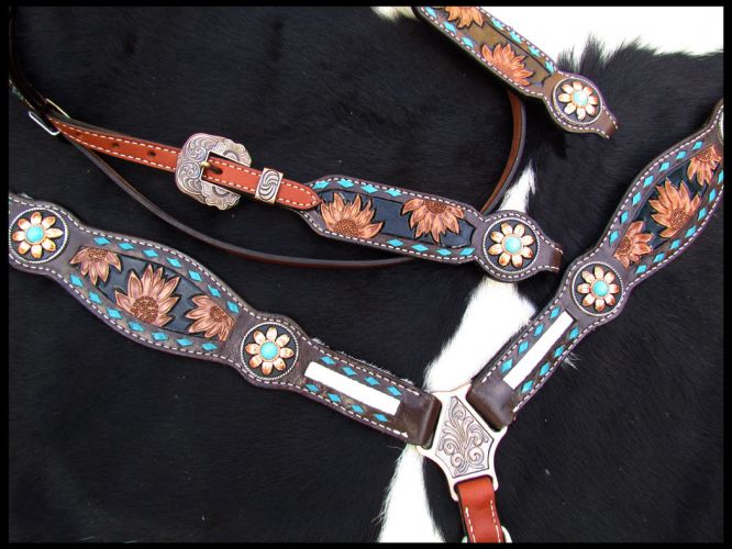 14205: Showman ® Sunflower Tooled Leather Browband headstall and breastcollar set with cowhide inl Headstall & Breast Collar Set Showman   