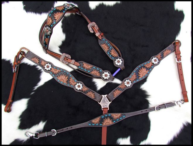 14210: Showman ® Sunflower Tooled Leather Browband headstall and breastcollar set Headstall & Breast Collar Set Showman   