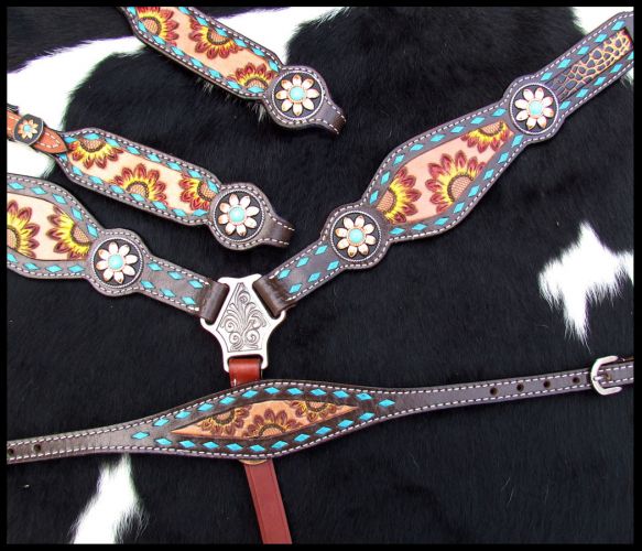 14211: Showman ® Hand Painted Sunflower Leather One Ear headstall and breastcollar set Headstall & Breast Collar Set Showman   