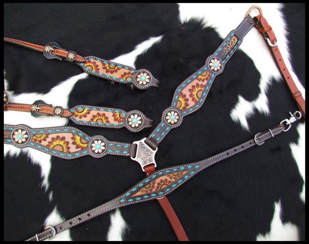 14211: Showman ® Hand Painted Sunflower Leather One Ear headstall and breastcollar set Headstall & Breast Collar Set Showman   