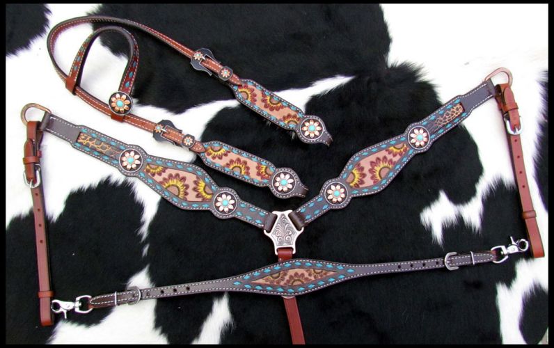 14211: Showman ® Hand Painted Sunflower Leather One Ear headstall and breastcollar set Headstall & Breast Collar Set Showman   