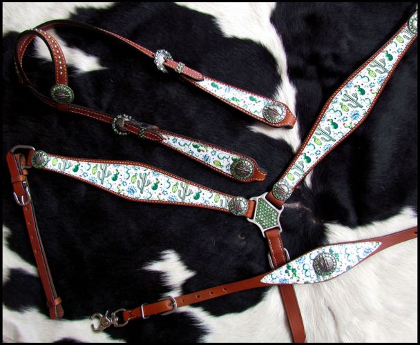 14214: Showman ® Cactus Print One Ear Headstall and Breastcollar Set Headstall & Breast Collar Set Showman   