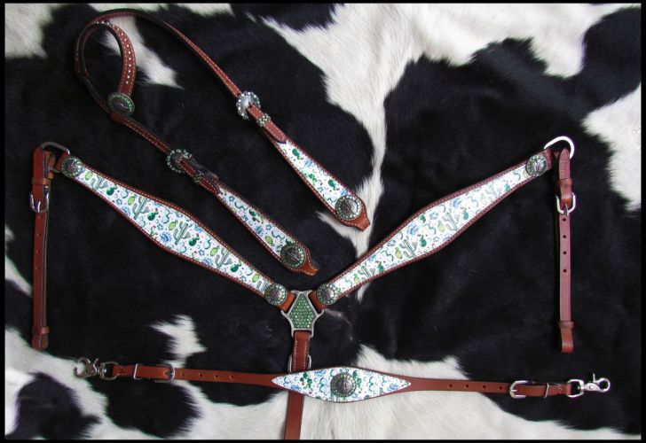 14214: Showman ® Cactus Print One Ear Headstall and Breastcollar Set Headstall & Breast Collar Set Showman   