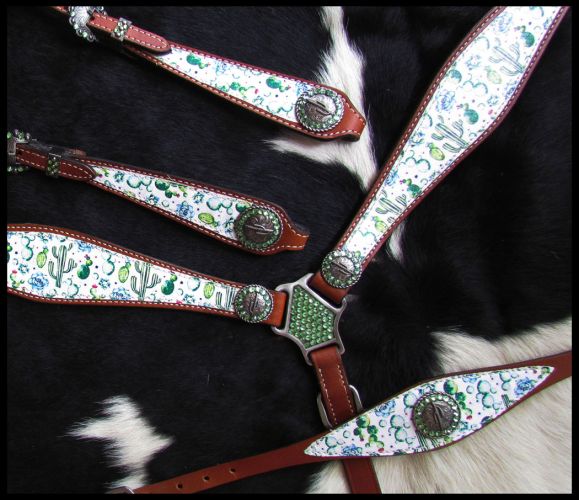 14214: Showman ® Cactus Print One Ear Headstall and Breastcollar Set Headstall & Breast Collar Set Showman   