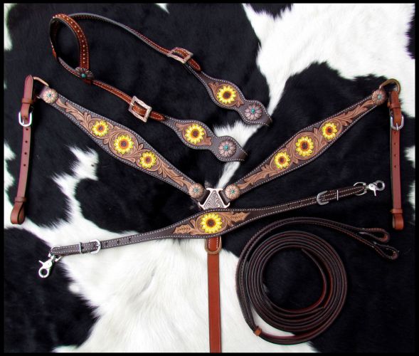 14231: Showman ® Hand Painted Sunflower Leather Single Ear headstall and breastcollar set Headstall & Breast Collar Set Showman   