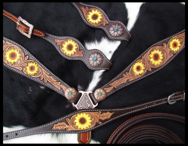 14231: Showman ® Hand Painted Sunflower Leather Single Ear headstall and breastcollar set Headstall & Breast Collar Set Showman   