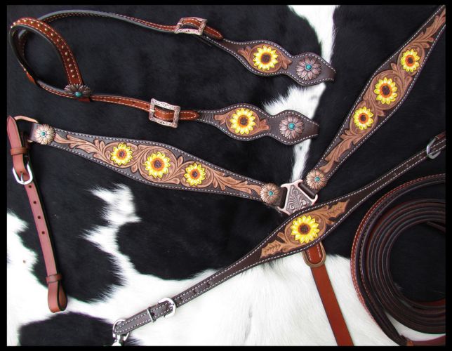 14231: Showman ® Hand Painted Sunflower Leather Single Ear headstall and breastcollar set Headstall & Breast Collar Set Showman   