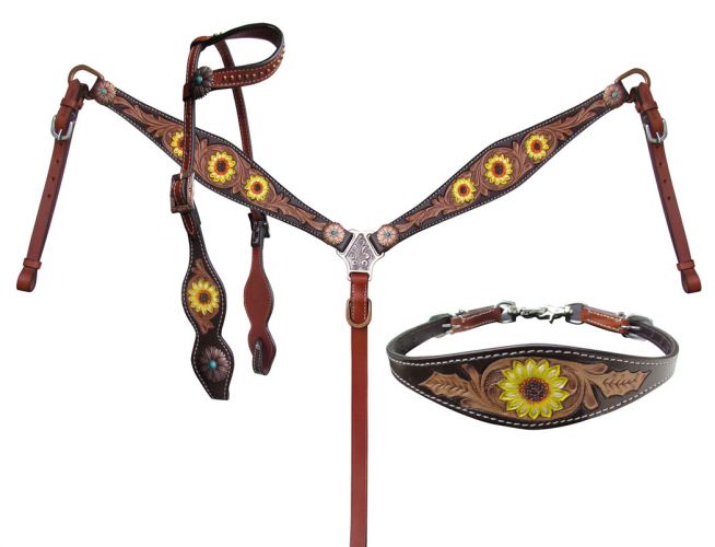 14231: Showman ® Hand Painted Sunflower Leather Single Ear headstall and breastcollar set Headstall & Breast Collar Set Showman   