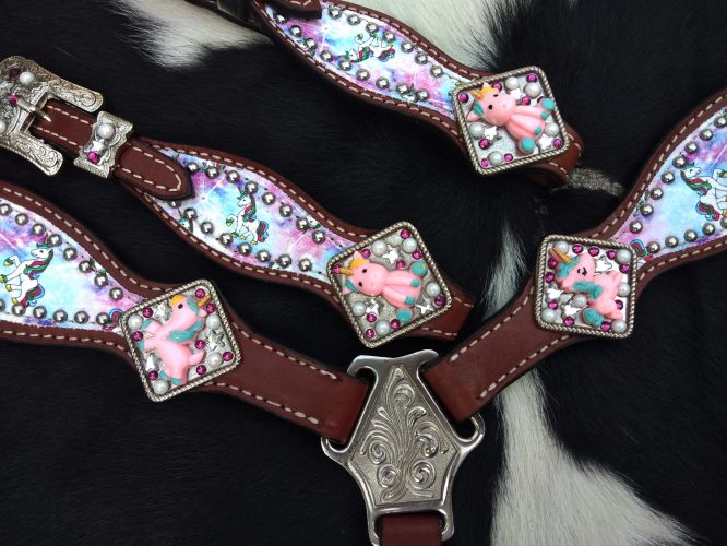 14234: Showman ® PONY SIZE Tie Dye Unicorn printed headstall and breast collar set Headstall & Breast Collar Set Showman   