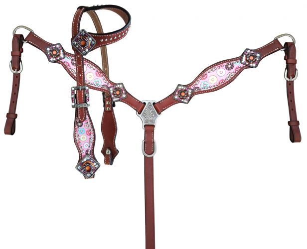 Showman Cheetah Print Headstall, Breast Collar, Reins Set With