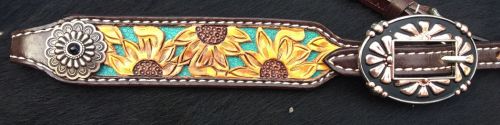 14237: Showman ® Argentina cow leather brow band headstall with hand painted sunflowers Headstall Showman   