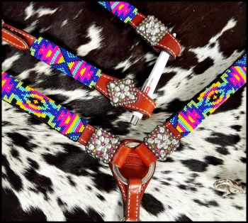14239: Showman ®  Beaded Bright Colored Tribal Design 4 Piece Headstall and Breastcollar Set Headstall & Breast Collar Set Showman   