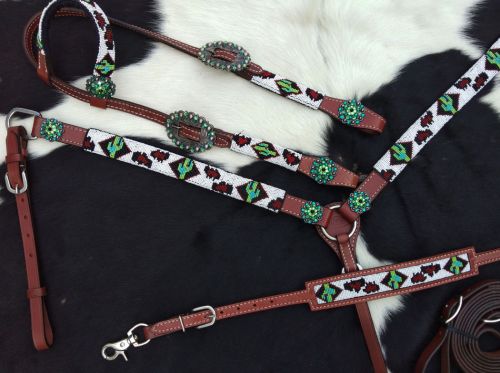 14246: Showman ®  Beaded Cheetah and Cactus 4 Piece Headstall and Breastcollar Set Headstall & Breast Collar Set Showman   