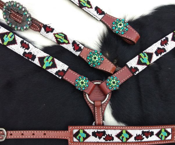 14246: Showman ®  Beaded Cheetah and Cactus 4 Piece Headstall and Breastcollar Set Headstall & Breast Collar Set Showman   