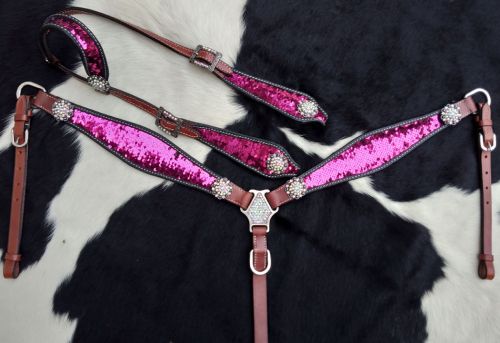 14248: Showman ® Pink and Silver Sequins Inlay Single Ear Headstall and Breast Collar Set Headstall & Breast Collar Set Showman   