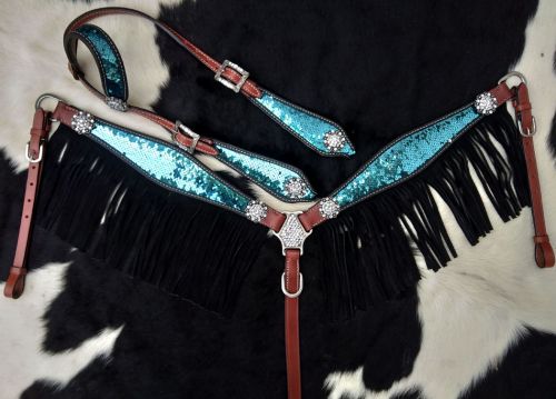 14249: Showman ® Turquoise and Silver Sequins Inlay Single Ear Headstall and Breast Collar Set wit Headstall & Breast Collar Set Showman   