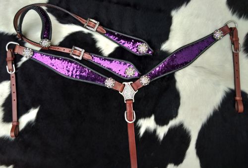 14250: Showman ® Purple and Silver Sequins Inlay Single Ear Headstall and Breast Collar Set Headstall & Breast Collar Set Showman   