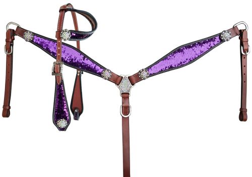 14250: Showman ® Purple and Silver Sequins Inlay Single Ear Headstall and Breast Collar Set Headstall & Breast Collar Set Showman   
