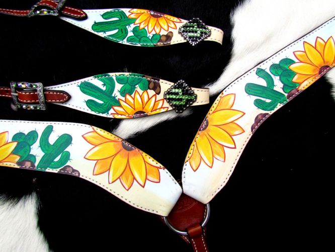 14251: Showman ® Hand Painted Sunflower and Cactus Print One Ear Headstall and Breastcollar Set Headstall & Breast Collar Set Showman   