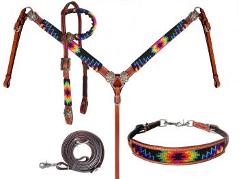 14256: Showman ® Bright Color Beaded Southwest design 4 Piece Headstall and Breast collar Set Headstall & Breast Collar Set Showman   
