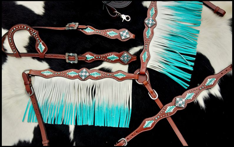 14257: Showman ® Turquoise and White leather laced one ear 4 piece headstall and breast collar set Headstall & Breast Collar Set Showman   