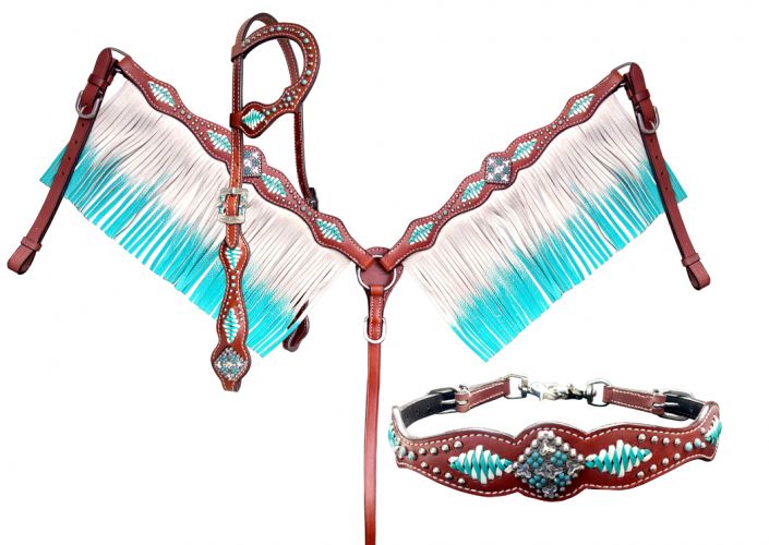 14257: Showman ® Turquoise and White leather laced one ear 4 piece headstall and breast collar set Headstall & Breast Collar Set Showman   