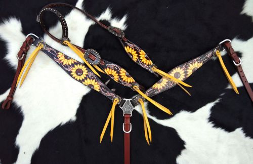 14260: Showman ® Hand Painted Sunflower Print One Ear Headstall and Breast collar Set Headstall & Breast Collar Set Showman   