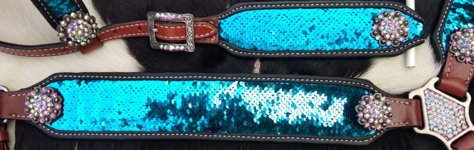 14261: Showman ® Turquoise and Pink Sequins Inlay Single Ear Headstall and Breast Collar Set with Headstall & Breast Collar Set Showman   