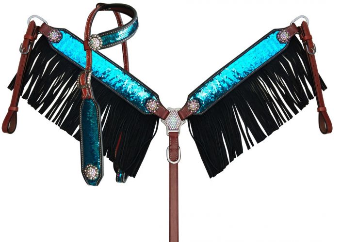 14261: Showman ® Turquoise and Pink Sequins Inlay Single Ear Headstall and Breast Collar Set with Headstall & Breast Collar Set Showman   