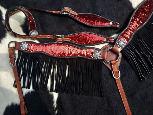 14263: Showman ® Red and Gold Sequins Inlay Single Ear Headstall and Breast Collar Set with black Headstall & Breast Collar Set Showman   